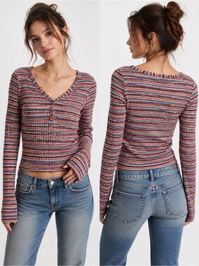 Vintage 2000s Mudd Striped Ribbed Knit Henley Top